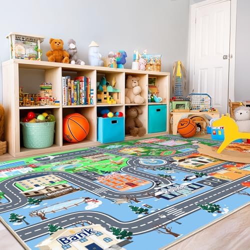 Car Rug Play Mat for Kids Toy Cars, 8' x 10' City Road Town Track Area Rug - Image 2
