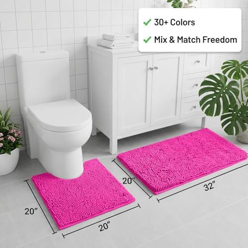 Bathroom Rugs Sets 2 Piece,Super Absorbent Chenille Bath Mats and U-Shaped Toilet Rug,Strong PVC Non Slip Backing,Microfiber Washable Dry Quickly Bath Mats for Bathroom(20"x32"+20"x20"U,Hot Pink) - Image 2