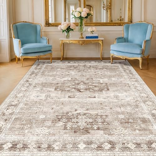 Boho 7x9 Area Rug for Living Room - Washable Beige Dining Room Rug Under the Table, Low Pile Non-Slip Rugs for Bedroom, Office - Charming Geometric Decor & Stain Resistance (7x9 Beige/Latte) by HazoHaus