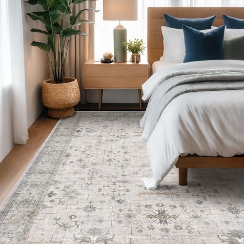 Boho Living Room Rug 7x10 - Washable Light Gray & Sage Area Rug for Dining Under Table, Low Pile Non-Slip Large Bedroom Carpet, Modern Eclectic Geometric Neutral Floral Décor - Image 6