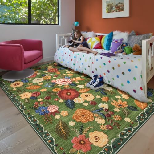 Washable 5x8 Area Rug, Green Boho Floral Non-Slip for Living Room, Bedroom - Image 4