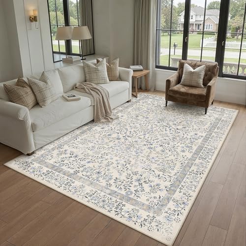 PureCozy 4x5 Blue Floral Small Area Rug Vintage Farmhouse Style by PureCozy