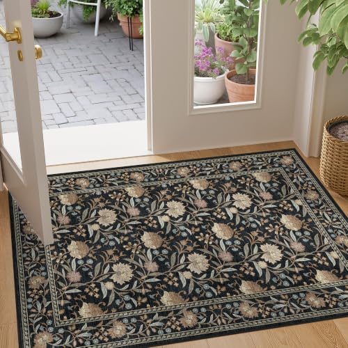 DUKINO 2x3 Rug, Washable Vintage Floral Bathroom Rugs Non Slip, Black by DUKINO