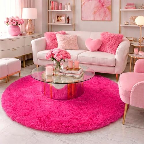 Amdrebio Hot Pink Shaggy Small Round Rug 3Ft for Kids Girls Bedroom Nursery - Image 5