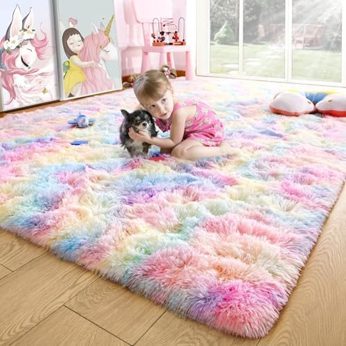 5x7 Rainbow Fluffy Soft Area Rug Non-Slip for Kids Bedroom Nursery Playroom by ModernHomeDecor