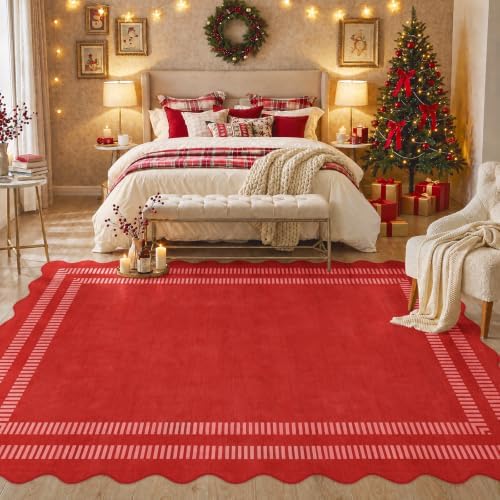 Washable 8x10 Christmas Area Rugs for Living Room, Solid Red Ultra-Thin Bedroom Rug Non-Slip Dining Room Rugs, Soft Scalloped Carpet for Nursery Kids Room Office - Image 3