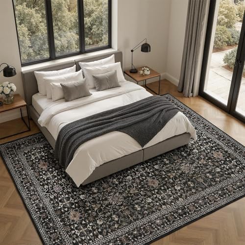 DCX Black 8x10 Rug, Kid & Pet Friendly with Rubber Back Non Slip, Machine Washable Stain Resistant Vintage Traditional Distressed Carpet, Rug for Living Room, Bedroom, Home Decor - Image 4