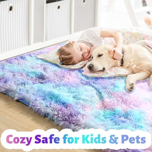 Amdrebio Purple Rainbow Mermaid Plush Area Rug 5x7 for Girls Kids Bedroom - Image 2