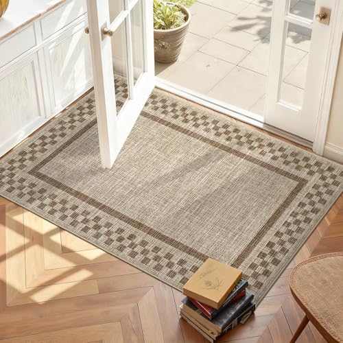 Small Area Rug 2x3 Modern Checkered Entry Rug Solid Color Scalloped Kitchen Rugs Washable Bedroom Doormat Non Slip Stain Resistant Bordered Throw Carpet for Living Room Nursery Laundry, Taupe by GarveeHome