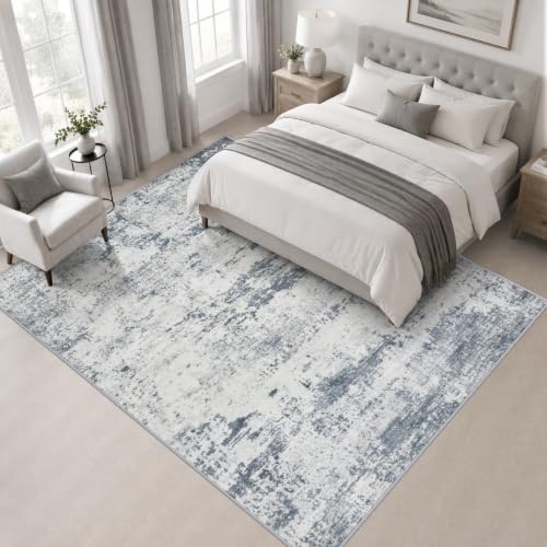 Area Rug Living Room: 8x8 Modern Washable Soft Carpet Blue Grey - Image 3