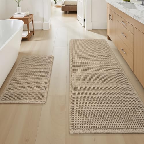 Upgraded Waffle Bath Mat Set of 2 Absorbent Bathroom Mat 18"x30" + 24"x48" by AMOAMI