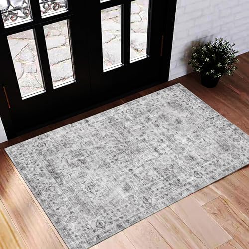 CHAMPLANT Washable Area Rug 2'x3' Door Mat Vintage Distressed Doormat Indoor Entrance Traditional Thin Rug Floral Print Non Slip Carpet for Kitchen Bathroom Bedroom Living Room by CHAMPLANT