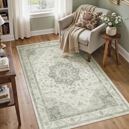 PureCozy Green 4x5 Washable Area Rug Living Room Vintage Oriental Carpet by PureCozy