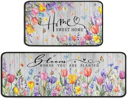 Spring Kitchen Rugs Sets of 2 Non Slip Washable, Tulip Lavender Floral Summer Spring Kitchen Mats Home Decor Rug Decorations Indoor by Unknown