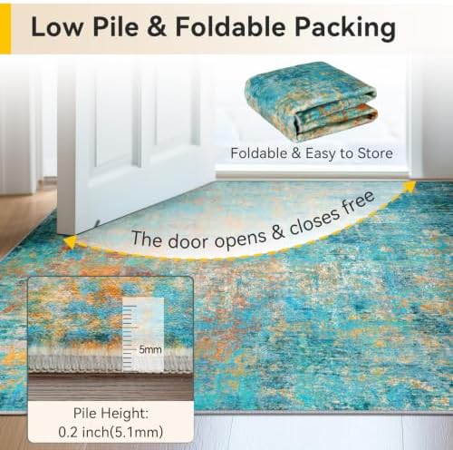 RELEANY Washable Round 4ft Area Rug for Living Room Teal Multi - Image 5