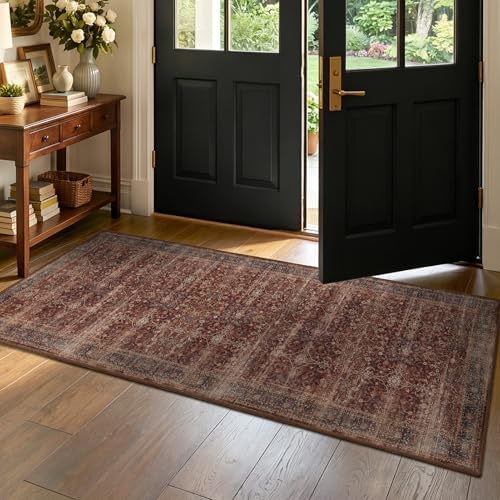 Vintage Brick Red 2x5 Rug Runners for Hallways, Non Slip Washable Kitchen Bathroom Runner, Low Pile Thin Print Carpet for Entryway/Foyer/Laundry Room, Distressed Farmhouse Bedside Runners by Jainmy
