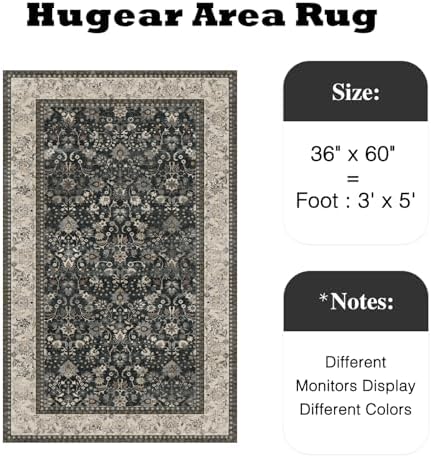 HUGEAR 3x5 Black Beige Vintage Floral Washable Area Rug for Entryway - Image 2