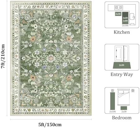 Yamaziot 5x7 Washable Area Rug for Living Room Floral Carpet Sage Green - Image 2