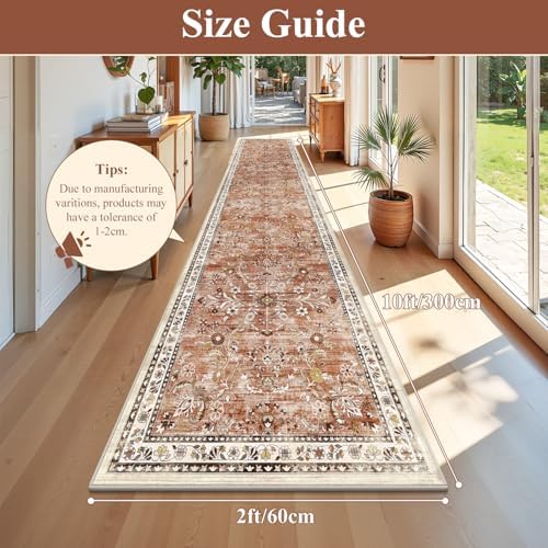 Yamaziot 2x10 Washable Hallway Runner Rug Non Slip Floral Carpet, Brick-red - Image 2