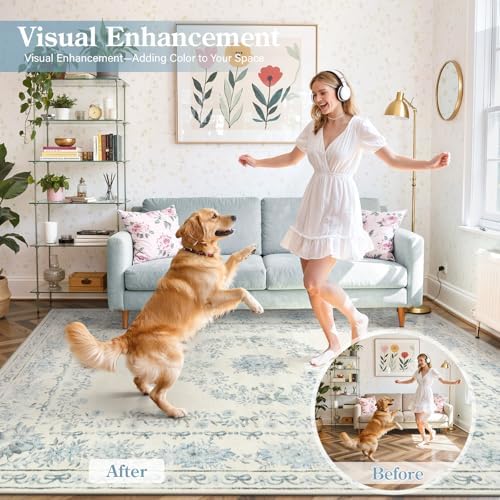 Wonnitar Bow Floral 5x7 Washable Rug, Blue Area Rug for Kids Room, Ultra-Thin Non Slip Soft Neutral Aesthetic Decor Carpet for Living Room Farmhouse Dining Room Office Playroom - Image 2
