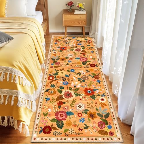 Floral Washable 2x6 Area Rugs Runner Entryway Hallway Orange/Yellow/Red - Image 2