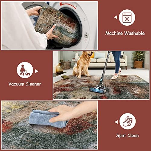 Lahome Modern Abstract Area Rug - 3x5 Washable Bedroom Rug Soft Throw Entry Mat Non-Slip, Contemporary Faux Wool Stain Resistant Floor Carpet for Living Room Kitchen Chair Door,Red/Multi - Image 3