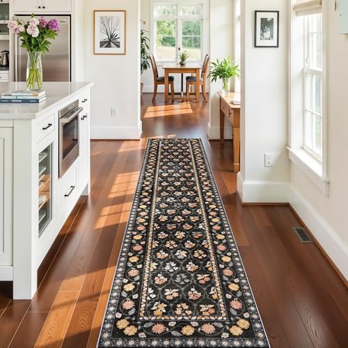 Washable Kitchen 2x10 Runner Rug: Non-Slip Long Hallway Entryway Rugs Indoor Low Pile Carpet for Bedroom Laundry Stain Resistant Vintage Soft Thin Floor Decor Mat for Bathroom (Floral/Black,2x10) by RUUGME
