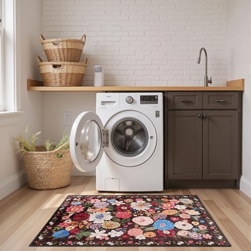 Floral Machine Washable Rug 3x5 Espresso (Black Brown) - Image 2