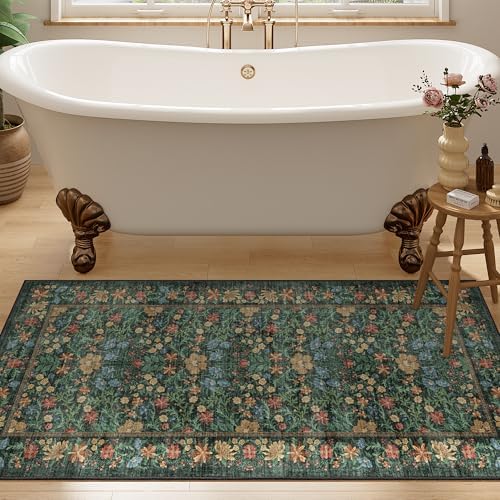 DUKINO 2x4 Rug, Washable Vintage Floral Bathroom Runner Rug, Green - Image 5