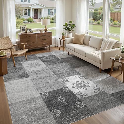UERMEI 9x12 Area Rug for Living Room - Washable Vintage Carpet, Non-Slip Soft Large Indoor Floor Rugs for Bedroom Home Office & Under Dining Table Decor, Gray Block by UERMEI