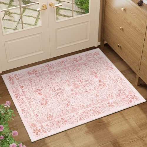 DUKINO 2x3 Entryway Rug, Washable Vintage Floral Area Rug, Pink - Image 3