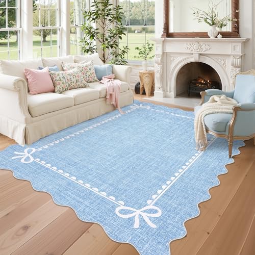 GarveeHome Scalloped Bow Rug 5x7 Washable Blue Rugs for Bedroom Living Room by GarveeHome