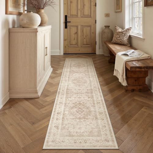 2x7 Beige Washable Runner Rug Non Slip Vintage Carpet by WondRg