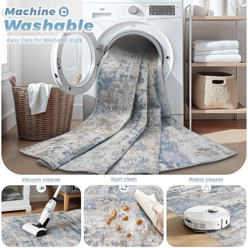 pmtsns Area Rugs 10x14 Living Room: Washable Rug Modern Abstract Neutral Soft Non-Slip Low-Pile Indoor Large Carpet for Bedroom Dining Room Playroom Home Office (Light Blue Brown, 10'x14') - Image 3