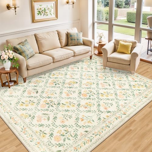 PLHXFR 8x10 Area Rug Living Room: Floral Washable Boho Carpet Beige Multi - Image 2