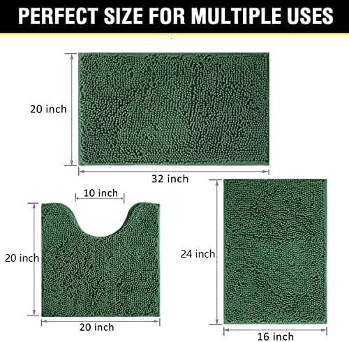 Green Bathroom Rug Chenille 3-Piece Extra Soft and Absorbent Shag Bath Mat Set, Machine Wash Bathroom Rug Set, Strong PVC Non-Slip Underside, Plush Carpet Bath Mat (Dark Green) - Image 2
