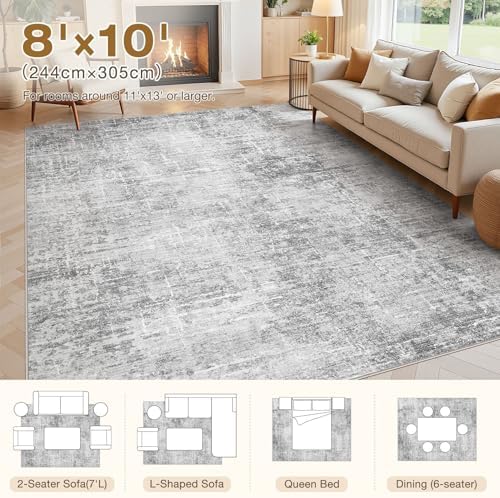 kakania Abstract 8x10 Area Rugs for Living Room: Washable Rugs Grey White - Image 2