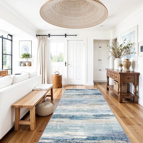 Abstract 4x10 Kitchen Runner Rug - Indoor Washable Non Slip Rugs for Hallway Bedroom Living Room Office Wide Stain Resistant Carpet Soft Modern Home Decor Floor Mat for Bathroom 4x10 Blue - Image 2