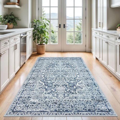 KUTA Floral Area Rug 4x6 Living Room Washable Rugs Vintage Blue White - Image 3