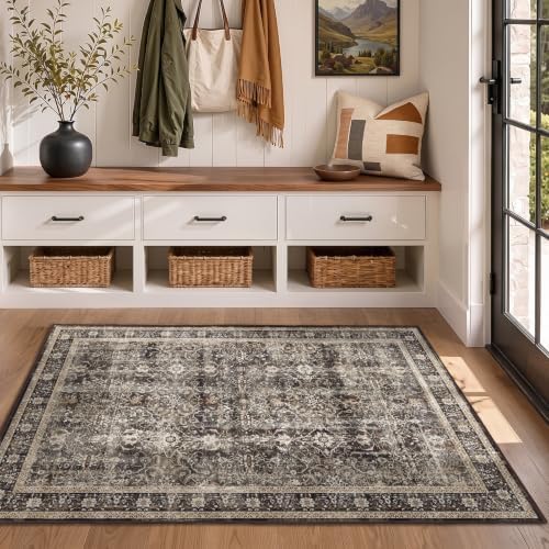 Washable Area Rug 3'x4' Entryway, Vintage MCM, Black/Brown/Beige by Jainmy