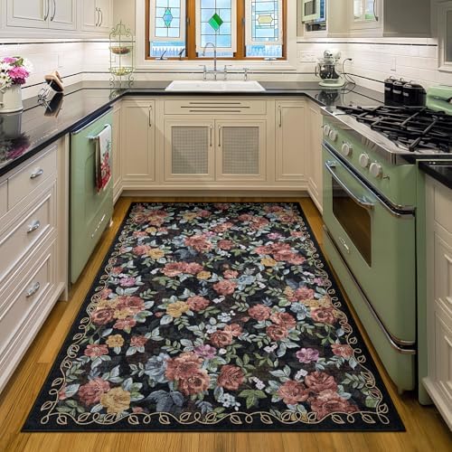 Washable 4x6 Area Rug, Navy Boho Floral Non-Slip for Kitchen, Entryway by GERUIMO