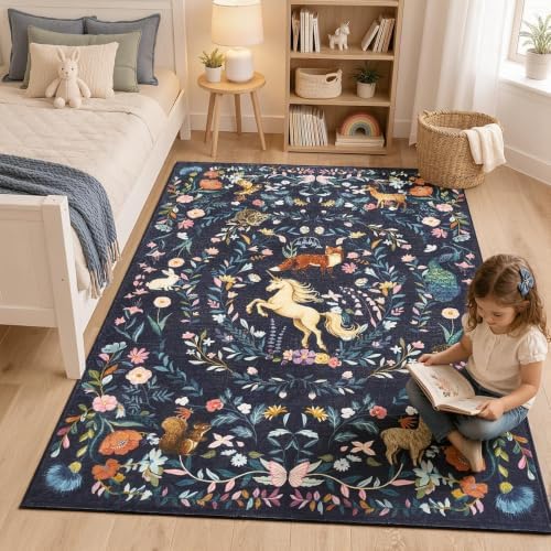jinchan 5x7 Kids Rug Washable Nursery Rug Cute Whimsical Unicorn, Navy Blue by JINCHAN