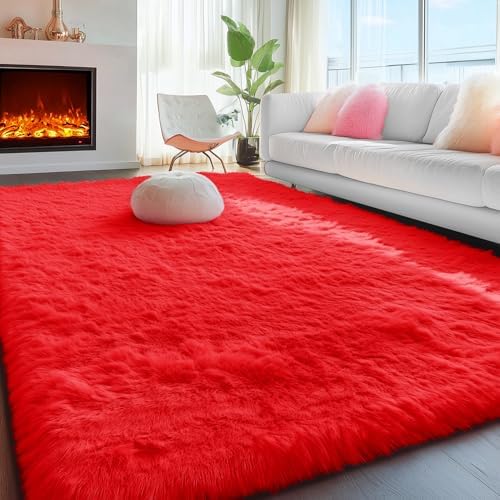 PAGISOFE Soft Modern Red Area Rug, 4x6 Feet, Shaggy Indoor Rug for Kids Room Decorative Carpet, Fuzzy Rug for Babies, Nursery, Dorm, Non Slip Rug for Boys Girls, Teen's Room by PAGISOFE