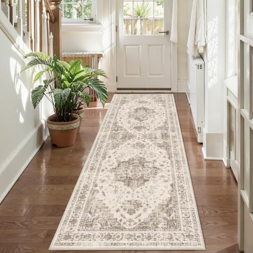 2.6x8 Washable Kitchen Runner Rug Soft Medallion Taupe Throw Carpet - Image 2