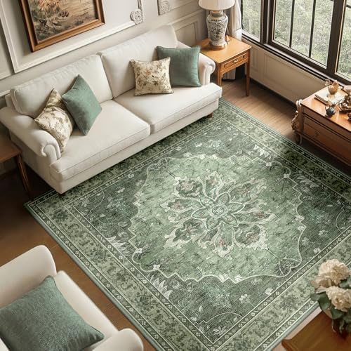 RELEANY Washable Area Rug, Square 6'x6', Green/Dark Green/Gray by RELEANY