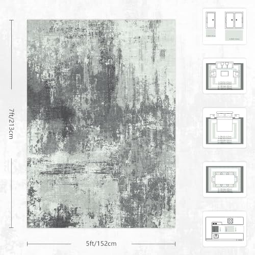 5x7 Rugs for Living Room - Modern Abstract Washable Rug, Ultra Soft Non Slip Low Pile Large Rugs, Floor Carpet for Bedroom Dining Room Office Laundry Nursery Home(Gray&Green) - Image 2