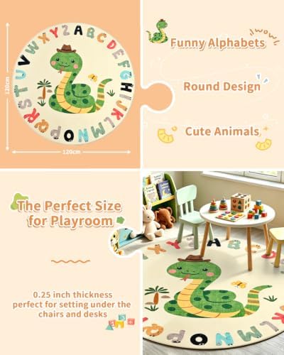 TWINNIS Kids Animal Print Round Rug for Playroom, Alphabet Washable Area Rugs for Boy Girl Baby Toddler Children, 4x4 Cute ABC Mat Play Carpet Nursery Bedroom Decor, Snake - Image 4