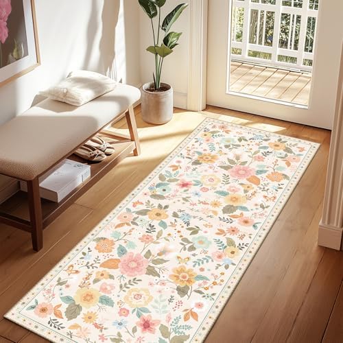Floral Washable 2x6 Area Rugs Runner Entryway Hallway Beige/White/Orange by RELEANY