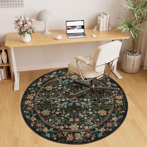 DUKINO 4ft Round Rug, Washable Vintage Floral Area Rug for Bedroom, Black - Image 5