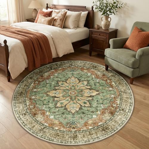 RELEANY Washable Area Rug, Round 5ft, Brick/Brown/Green - Image 2